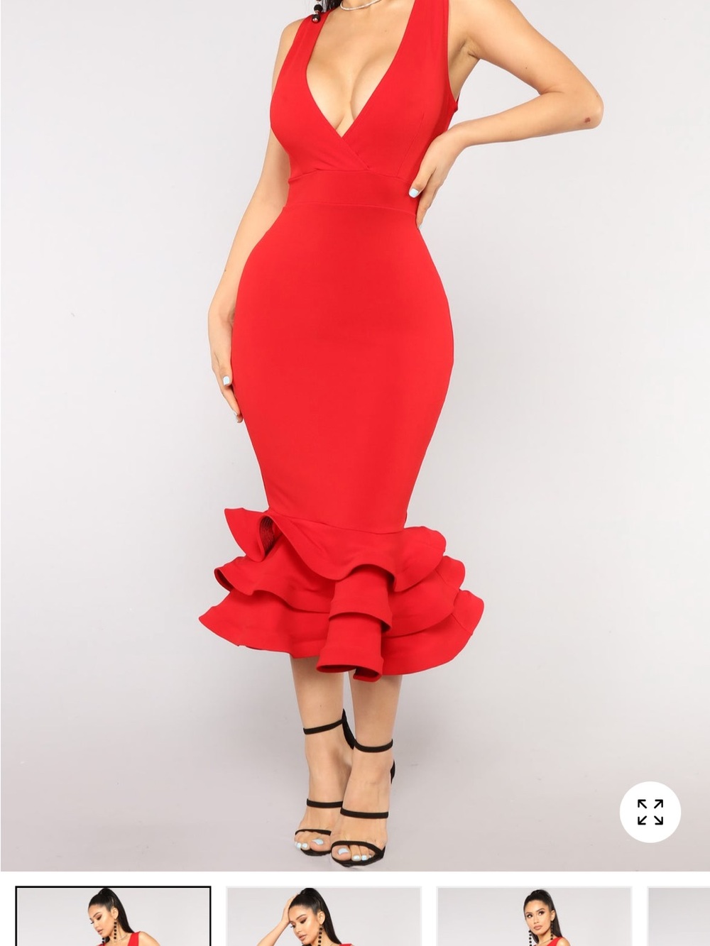 Fashion Nova Red Sleeveless V-Neck Ruffle-Hem Midi Dress